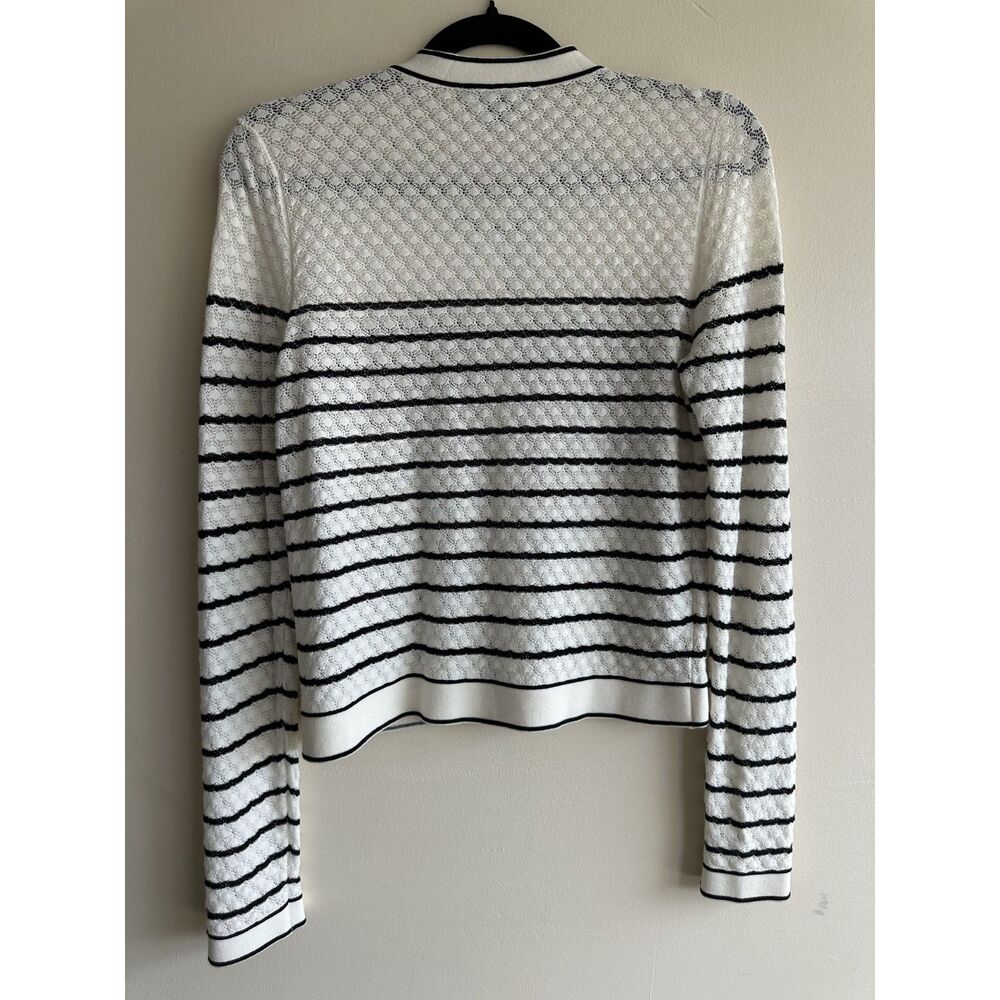 Ann Taylor SP Black White Striped Pointelle Knit Lady Jacket Cardigan - Picture 9 of 13
